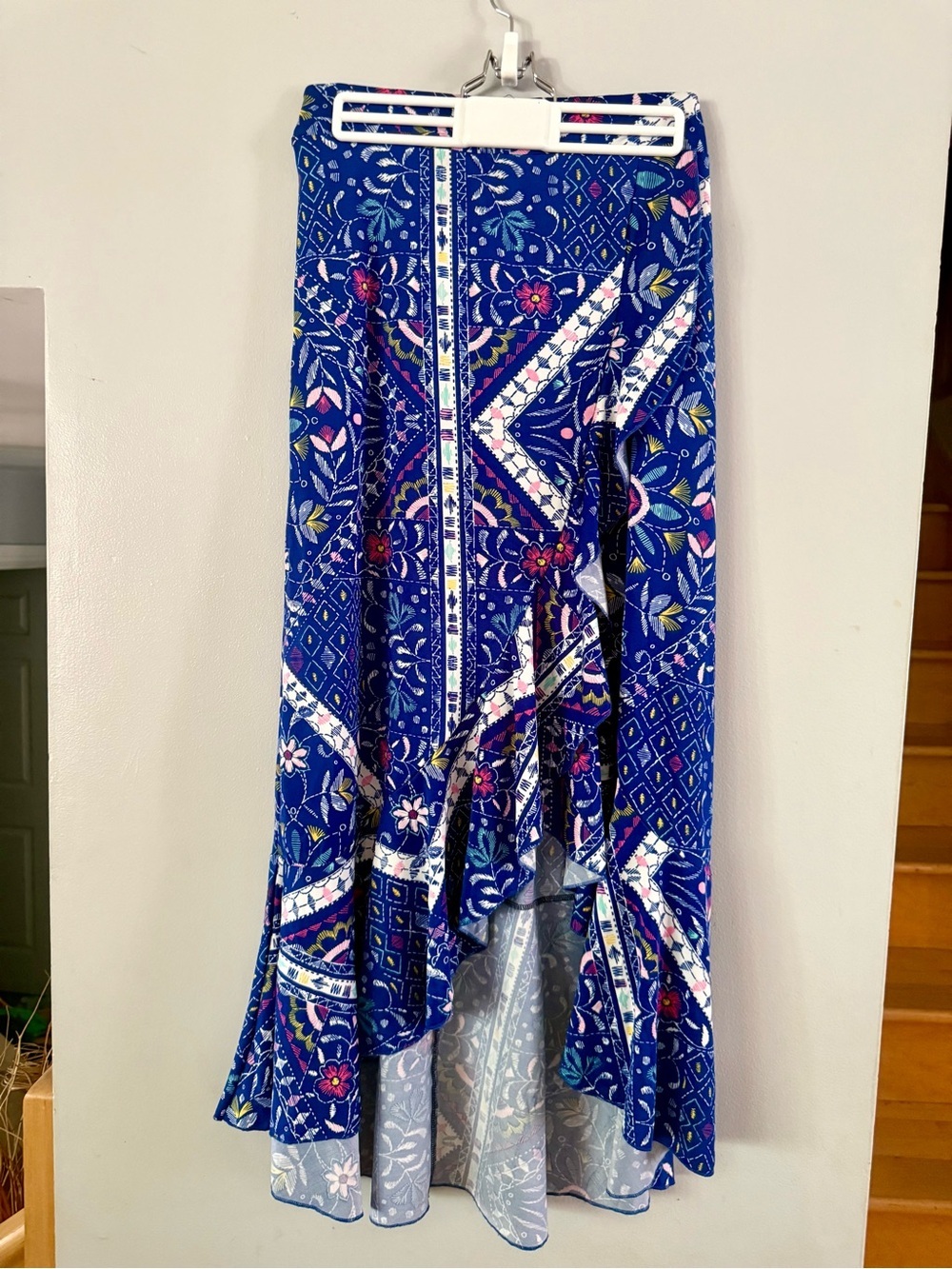 Me 2 Magic Blue Floral Geometric High-Low Ruffle Maxi Skirt
